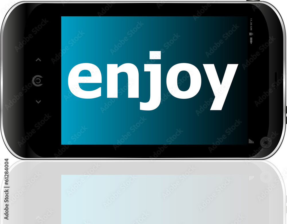 Poster web development concept: smartphone with word enjoy on display