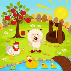 yard with animals and pond - vector  illustration