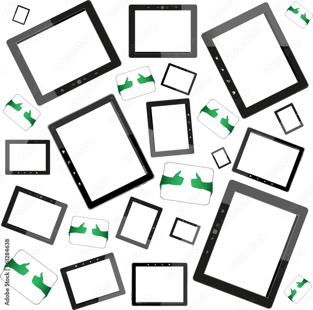 Poster set of tablet pc computers with blank screen on white background
