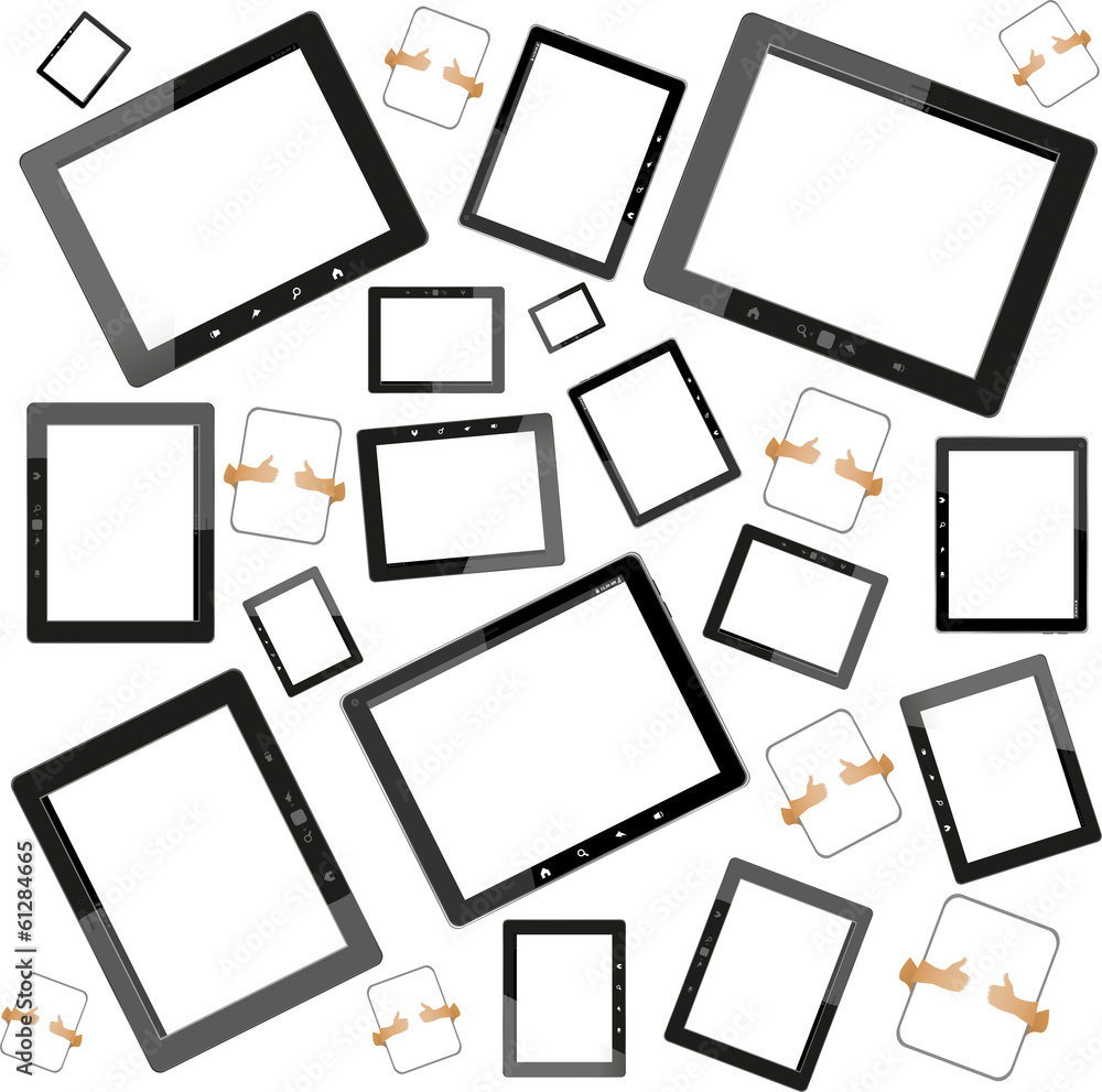 Poster set of tablet pc computers with blank screen on white background