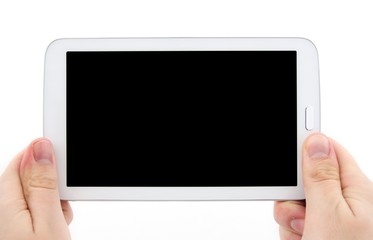 Hand holding tablet pc with empty black display. Horizontal comp