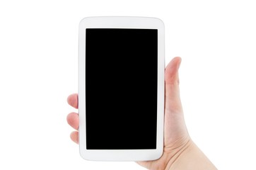 Hand holding tablet pc with empty black display. Horizontal comp