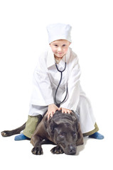Little vet sitting on a dog