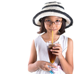 Young Girl With Summer Hat and Fresh Juice Drink