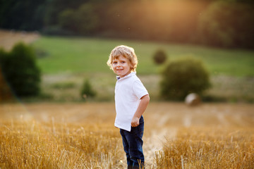 Naklejka na ściany i meble little boy of three years having fun on yellow hay field