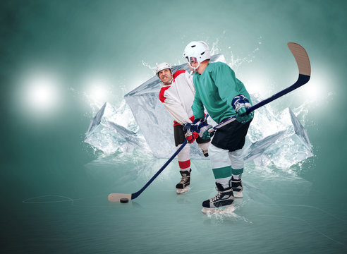 Two ice hockey players with ice cubes background