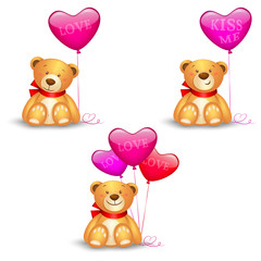 Set of cute teddy bears with in heart balloons, festive icon