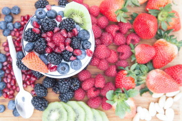 Healthy nutritious fresh fruits on a wooden table
