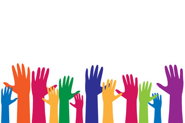 Colorful hand, raise up for vote concept