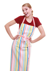 Funny housewife or barista wearing kitchen apron isolated