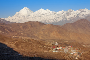 Muktinath Sacred Place Buddhists. Dhaulagiri peak (8167 m).