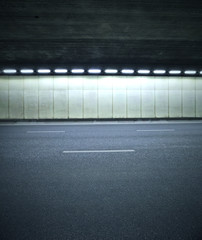 The tunnel at night, the lights formed a line.