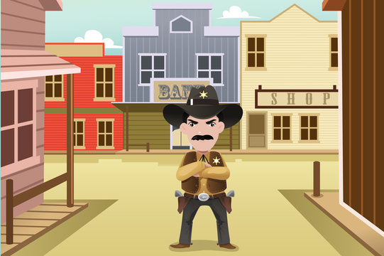 Sheriff standing on an old western town