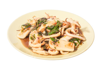 stir fried squid with chilli and basil isolated on white