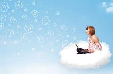 Young woman sitting in cloud with laptop