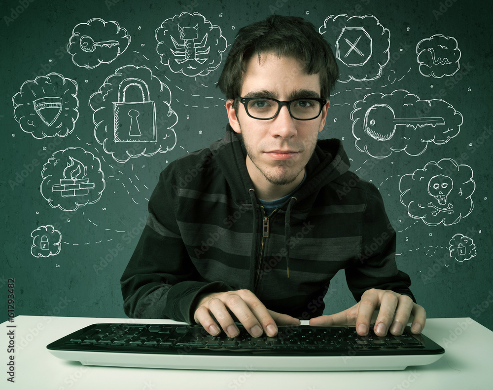 Fototapete young nerd hacker with virus and hacking thoughts