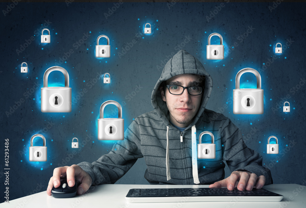 Poster young hacker with virtual lock symbols and icons