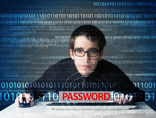 Young geek hacker stealing password