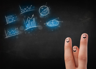 Happy finger smileys with blue chart icons and symbols