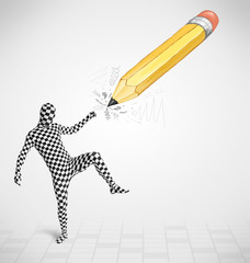Guy in body mask with a big hand drawn pencil