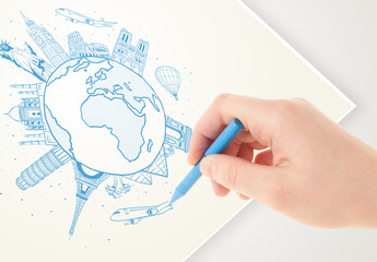 Hand drawing vacation trip around the earth with landmarks and c