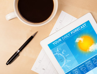 Tablet pc showing weather forecast on screen with a cup of coffe