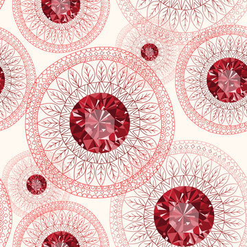 Seamless abstract doodle flower pattern with rubbies in vector