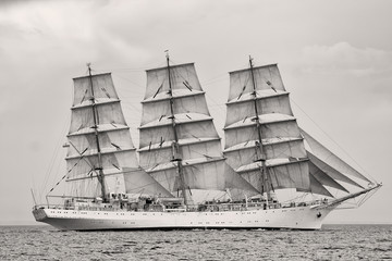Stary statek z białymi sprzedażami w czarny i biały - 61299419