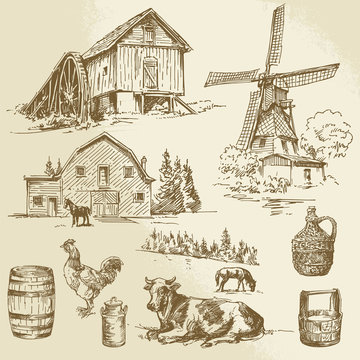 rural landscape, farm - hand drawn windmill and watermill