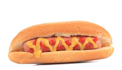 Hotdog with ketchup and mustard.
