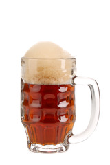 Closeup of mug full with brown beer.