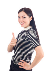 Portrait of a beautiful young woman showing thumb up sign