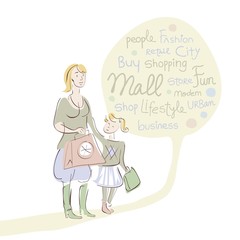 Shopping mother with daughter and word cloud