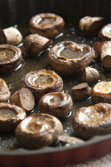 close up of a pan of sauteed mushrooms