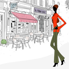 silhouette woman in street cafe - 61306235