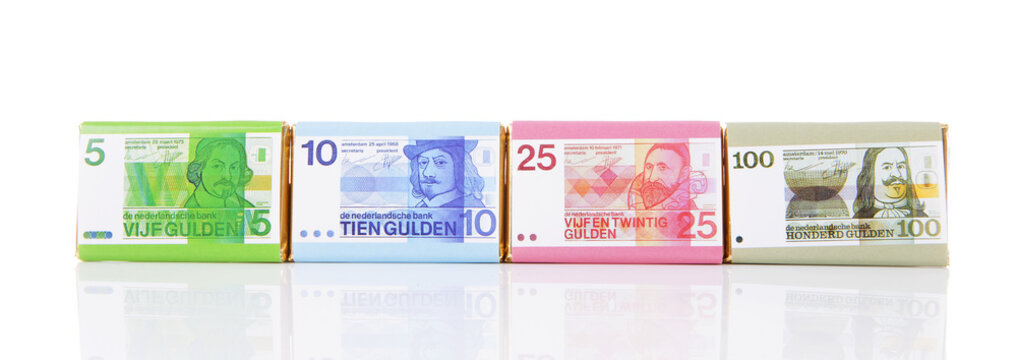 Chocolate money bars with old Dutch money