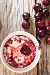 Yogurt and fresh cherries.