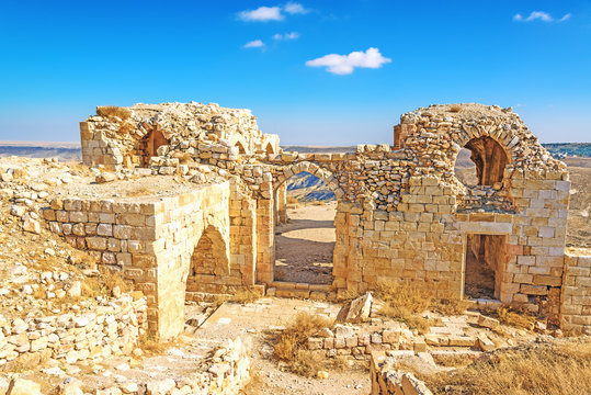 Ruins of Shawbak castle in Jordanian desert, Shawbak, Jordan