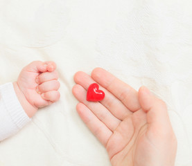 hands of mother and baby closeup holding heart