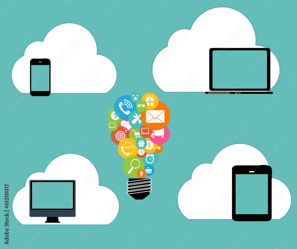 Poster cloud computing concept on different electronic devices. vector