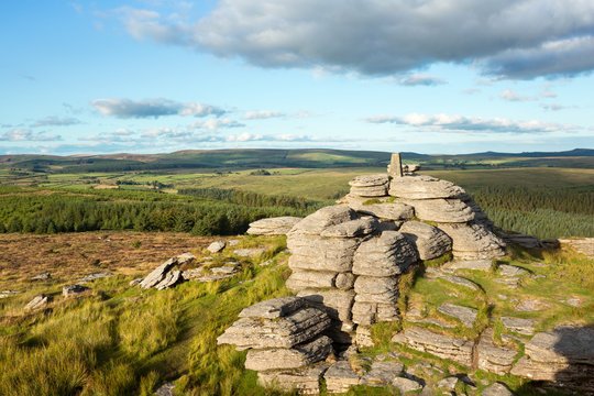 Bellever Tor in summer Dartmoor Devon Uk