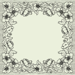 Vector retro poppy border at  engraving style.