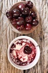 Yogurt and fresh cherries.