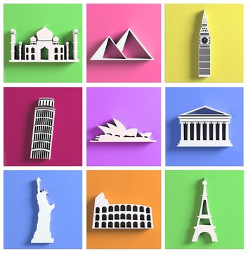 Colorful collection of worlds most famous landmarks
