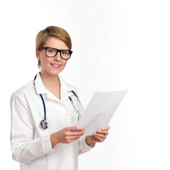 Portrait of a smiling female doctor holding documents