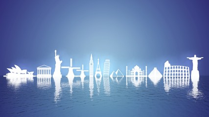 Worlds most famous landmarks icons on water with reflection