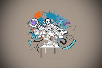 Composite image of computer icons and arrows on paint splashes