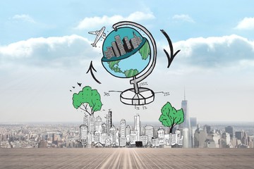 Composite image of global travel doodle over cityscape