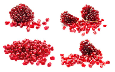 Collage of ripe pomegranate fruit seeds isolated on a white