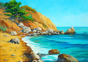 landscape of mediterranean sea with a beach and  bay, painting b
